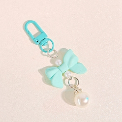 Turquoise Macaron Color Plastic Bowknot and Round Pendant Keychain, with Clasp, Turquoise, 90mm