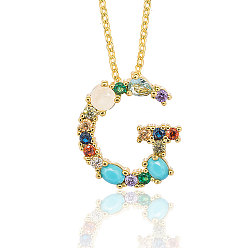 Letter G Golden Brass Micro Pave Cubic Zirconia Initial Pendants Necklaces, with Cable Chains, Colorful, Letter, Letter.G, 17.9~18.1 inch(45.5~46cm)x1.5mm, LetterG: 19x16.5x6mm