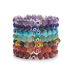 Mixed Stone 7Pcs 7 Style Natural & Synthetic Mixed Stone Stretch Bracelets Set with Lampwork Evil Eye Beaded, Chakra Yoga Theme Jewelry for Women, Inner Diameter: 2-1/4 inch(5.6cm), 1Pc/style