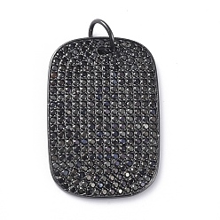 Gunmetal Brass Micro Pave Cubic Zirconia Pendants, with Jump Rings, Rectangle, Black, Gunmetal, 36.5x25x2.5mm, Hole: 6mm