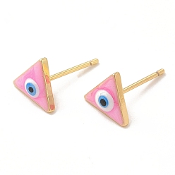 Perlas de Color Rosa Aretes de triángulo esmaltado con mal de ojo, joyas de latón chapado en oro real 18k para mujer, rosa perla, 8x9 mm, pin: 0.8 mm