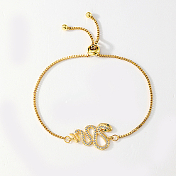 Snake Link Brass Micro Pave Cubic Zirconia Slider Bracelets, Box Chain Bracelets for Women, Real 18K Gold Plated, Snake, Inner Diameter: 2-1/8~2-3/4 inch(5.5~7cm)