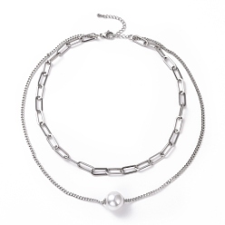 Stainless Steel Color 304 Stainless Steel Double Chains Multi Layered Necklaces Necklace with Plastic Pearl Beaded for Women, Stainless Steel Color, 16.34 inch(41.5cm)