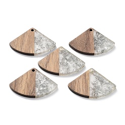 Silver Wood and Resin Pendants, with Gold Foil or Silver Foil, Fan Shaped, Silver, 26x38x3.7mm, Hole: 2mm