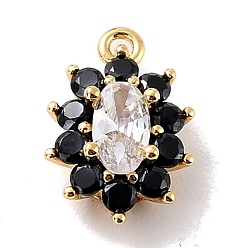 Black Eco-Friendly Brass Micro Pave Cubic Zirconia Charms, Cadmium Free & Lead Free, Real 18K Gold Plated, Flower, 11.5x7.5x4mm, Hole: 1mm