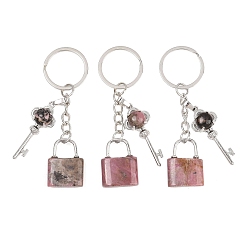 Родонит Брелоки-подвески из натурального родонита, Замок и ключ, с разъемным кольцом для ключей из латуни и железа, стойки покрытие, долговечный, платина, 80 мм