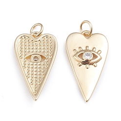 Clear Brass Micro Pave Cubic Zirconia Pendants, with Jump Rings, Long-Lasting Plated, Heart with Evil Eye, Real 18K Gold Plated, Clear, 24.5x13.5x3mm, Jump Ring: 5x0.8mm, 3.2mm Inner Diameter