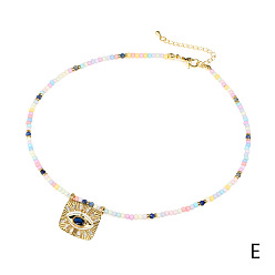 NE1655-Blue Diamond Fashion Glass Rice Bead Necklace with Devil Eye Pendant - Short, Unique, Diamond Inlay