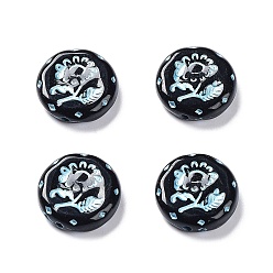 Black Opaque Acrylic Beads, Metal Enlaced, Flat Round with Flower Pattern, Black, 17.5~18x5~5.5mm, Hole: 1.8mm, about 399pcs/500g