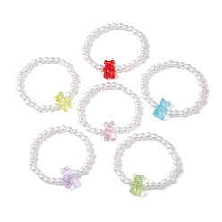 Mixed Color 6Pcs 6 Color Acrylic Bear & Imitation Pearl Beaded Stretch Bracelets Set for Children, Stackable Bracelets, Mixed Color, Inner Diameter: 2 inch(5cm), 1Pc/color