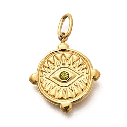 Светло-зеленый Коричневый 304 из нержавеющей стали горный хрусталь подвески, ионное покрытие (ip), плоские круглые и глазные подвески, оливковый, 19.5x17x3 мм, отверстие : 4.5x3 мм