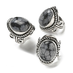 Снежный Обсидиан Регулируемые кольца из натурального обсидиана в виде снежинки, без свинца и без кадмия, старинные посеребренные латунные перстни для женщин, овальные, 27 мм, внутренний диаметр: 17 мм