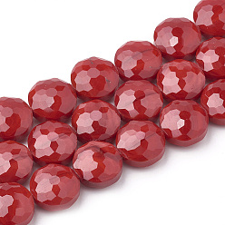 Red Opaque Solid Color Glass Beads Strands, Faceted, Flat Round, Red, 14x8mm, Hole: 1~1.2mm, about 25pcs/strand, 13.77 inch(35cm)