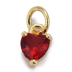 Red Brass Micro Pave Cubic Zirconia Charms, Long-Lasting Plated, Real 18K Gold Plated, Heart, Red, 8x5x3.5mm, Hole: 3mm