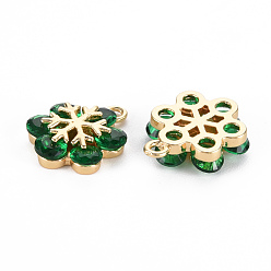 Emerald Rack Plating Brass Pendants, with Rhinestone, Long-Lasting Plated, Cadmium Free & Lead Free, Snowflake, Emerald, 15.5x11.5x4mm, Hole: 1.4mm
