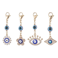 Mixed Color Evil Eye Alloy Enamel with Rhinestone Pendant Decoration, Resin Beads and 304 Stainless Steel Lobster Claw Clasps, Eye/Flower, Mixed Color, 52~59mm