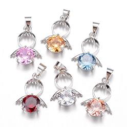 Mixed Color Brass Cubic Zirconia Pendant, Angel, Platinum, Mixed Color, 20x14x5mm, Hole: 4x5mm