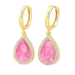 Pearl Pink Brass Micro Pave Cubic Zirconia Hoop Dangle Earrings, with Enamel, Teardrop, Lead Free & Cadmium Free, Rack Plating, Long-Lasting Plated, Real 18K Gold Plated, Pearl Pink, 32x12mm