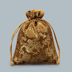 Goldenrod Chinese Style Silk Drawstring Jewelry Gift Bags, Jewelry Storage Pouches, Lining Random Color, Rectangle with Dragon Pattern, Goldenrod, 15x11.5cm