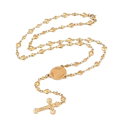 Золотой Распятие крест с овальным четки бусы, 304 Ожерелье из нержавеющей стали для ионного напыления (IP), золотые, 18.9 дюйм (48 см)