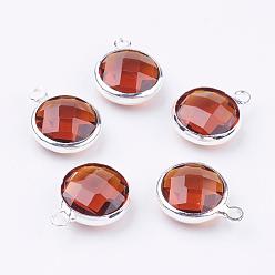 Chocolate Silver Color Plated Brass Glass Flat Round Charms, Faceted, Chocolate, 12x8.5x3mm, Hole: 1.5mm