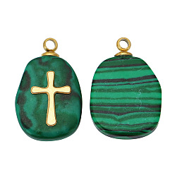 Malachite Natural Malachite Pendants, Oval Charms with Golden Tone Stainless Steel Cross Slice, 17x11mm, Hole: 1.5mm