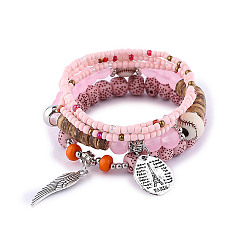 Pink Bodhi & Glass Seed Beads Stretch Bracelets Sets, Bohemia Style Wing & Tower Alloy Charms Bracelets for Women, Pink, 7-1/8 inch(18cm)