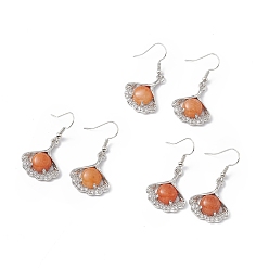 Красный Авантюрин Серьги с подвесками из листьев гинкго из натурального красного авантюрина с кристаллами и стразами, платиновые латунные украшения для женщин, 40 мм, штифты : 0.6 мм