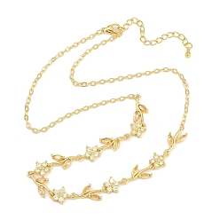 Yellow Brass Pave Cubic Zirconia Flower Link Chain Necklaces, Cadmium Free & Lead Free, Rack Plating, Long-Lasting Plated, Real 18K Gold Plated, Yellow, 17.28 inch(43.9cm)