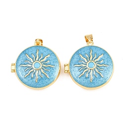 Синий Подвески латуни медальон, с эмалью и фианитом, без кадмия и без свинца, реальный 18 k позолоченный, стойки покрытие, долговечный, плоский круглый с солнечными чарами, синие, 27x26.5x10 мм, отверстие : 3x5 мм, внутренний диаметр: 20 мм