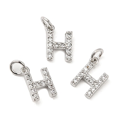 Real Platinum Plated Brass Micro Pave Grade AAA Cubic Zirconia Charms, Letter H, Cadmium Free & Nickel Free & Lead Free, Real Platinum Plated, 9x6x1.5mm, Hole: 2mm