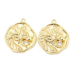 Clear Brass Micro Pave Cubic Zirconia Pendants, Flat Round with Dragon, Clear, 23x20x2mm, Hole: 1.6mm