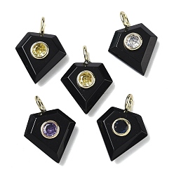 Обсидиан Ограненные подвески из натурального обсидиана, Бриллиантовые подвески с латунными микропаве и фианитами кубического циркония случайного цвета, золотые, 25x18x8 мм, отверстие : 4x2 мм