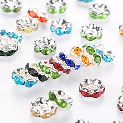 Mixed Color Rhinestone Spacer Beads, Grade A, Mixed Color, Silver Color Plated, Nickel Free, Size: about 8mm in diameter, 3.8mm thick, hole: 1.5mm