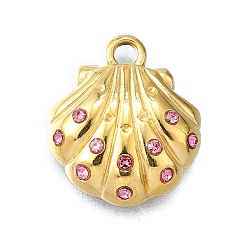 Роза 304 кулон из нержавеющей стали, со стразами, ионное покрытие (ip), формы раковины, реальный 14 k позолоченный, роза, 14x12.5x3.5 мм, отверстие : 1.5 мм