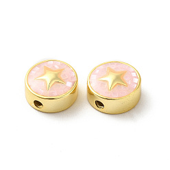 Розовый Стойки покрытие латунь эмаль бисер, с чипсами, долговечный, без кадмия и без свинца, плоские круглые со звездой, золотые, туманная роза, 11x4.5 мм, отверстие : 1.8 мм