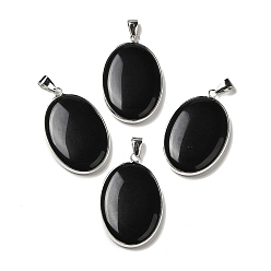 Obsidian Natural Obsidian Pendants, Oval Charms with Platinum Plated Metal Findings, 39.5x26x6mm, Hole: 7.6x4mm