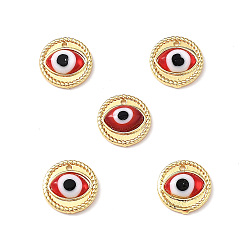Red Handmade Lampwork Evil Eye Pendants, with Real 18K Gold Plated Brass Findings, Lead Free & Cadmium free, Flat Round Charm, Red, 14.5x4mm, Hole: 1mm