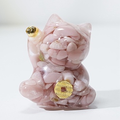 Pink Opal Natural Pink Opal Chip & Resin Craft Display Decorations, Lucky Cat Figurine, for Home Feng Shui Ornament, 63x55x45mm