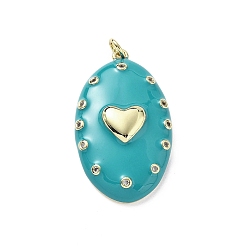 чирок Овальные подвески с сердцем из латуни с микропаве из прозрачных кубических цирконий, с эмалью и кольцом для прыжков, стойки покрытие, долговечный, без свинца и без кадмия, реальный 18 k позолоченный, зелено-синие, 37.5x21x7.5 мм, отверстие : 3 мм
