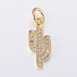Golden Brass Micro Pave Cubic Zirconia Charms, Cactus, Golden, 15x6.5x1mm, Hole: 3mm