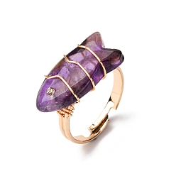 Аметист Природный аметист кольца, рыба, с латунной фурнитурой со стразами, золотые, рыбы: 23x12 mm, размер США 7 1/4 (17.5 мм)