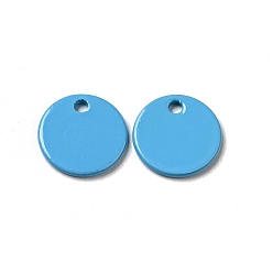 Deep Sky Blue Spray Painted 201 Stainless Steel Charms, Flat Round Charms, Deep Sky Blue, 8.5x1mm, Hole: 1mm