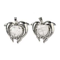 Говлит Подвески в виде сердца из натурального говлита, латунные подвески в виде дельфинов, платина, без кадмия и без свинца, 29x32.5x8.5 мм, отверстие : 8x5 мм