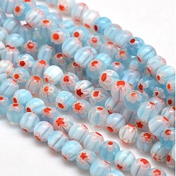 Light Sky Blue Round Millefiori Glass Beads Strands, Light Sky Blue, 6mm, Hole: 1mm, about 67pcs/strand, 14.7 inch
