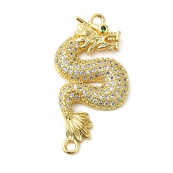 Real 18K Gold Plated Rack Plating Brass Micro Pave Clear Cubic Zirconia Connector Charms, Dragon Links, Long-Lasting Plated, Lead Free & Cadmium Free, Real 18K Gold Plated, 32x17x3.5mm, Hole: 1.8mm