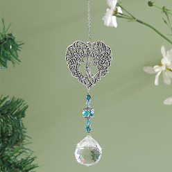 Deep Sky Blue Alloy Heart with Tree of Life Pendant Decorations, Hanging Suncatchers, with Glass Teardrop Charm, Deep Sky Blue, 350mm