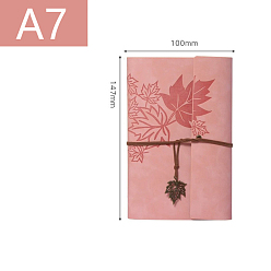 Pink PU Leather Cover 6 Ring Binder Notebooks, Travel Journal, with String, Maple Leaf Pendants & Wood-free Paper, Rectangle, Pink, 147x100mm, A7, about 160 pages/book