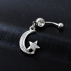 Crystal Rhinestone Moon & Star Dangle Belly Ring, Alloy Navel Ring with 316L Surgical Stainless Steel Bar for Women Piercing Jewelry, Crystal, 47mm