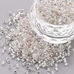 Floral White Glass Bugle Beads, Silver Lined, Floral White, 1.8~2.2x1.8~2mm, Hole: 0.8~0.9mm, about 15000pcs/pound